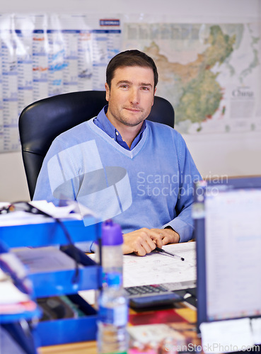 Image of Happy businessman, portrait and accounting with documents in finance, budget planning or administration at office. Man, accountant or admin employee with smile for company audit, expenses or bills