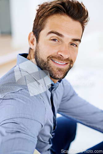 Image of Smile, confidence and portrait of man in house, home and living room happy to relax for holiday, break and weekend. Male person, gentleman and Spanish guy in apartment, bedroom or lounge for vacation