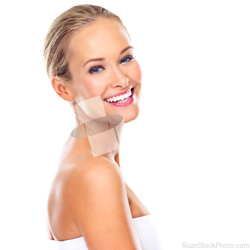 Image of Happy woman, portrait and beauty with cosmetics, skincare or makeup on a white studio background. Face of young female person or model with smile in satisfaction for facial treatment on mockup space