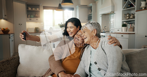 Image of Selfie, living room and woman with senior parents bonding together on a sofa for relaxing at home. Happy, smile and female person taking a picture with elderly people in retirement in the lounge.