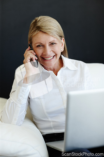 Image of Woman, portrait and phone call with laptop for business at home for remote work, multitasking and corporate conversation. Female person, happy and computer for online research and smartphone