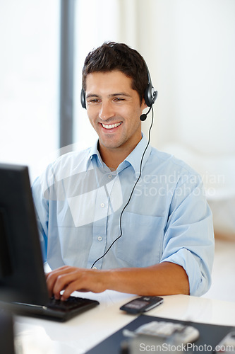 Image of Remote work, computer and businessman consulting for call center in home office with crm, faq or b2b networking. Microphone, telemarketing and virtual assistant with pc, help and customer support