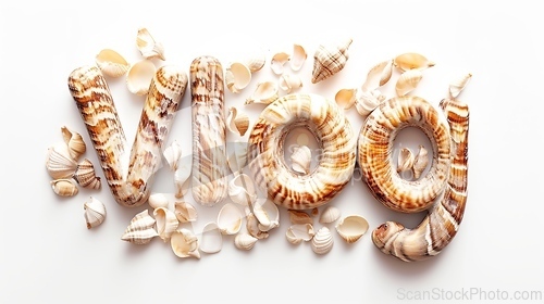 Image of The word Vlog created in Cowrie Shell Letters.
