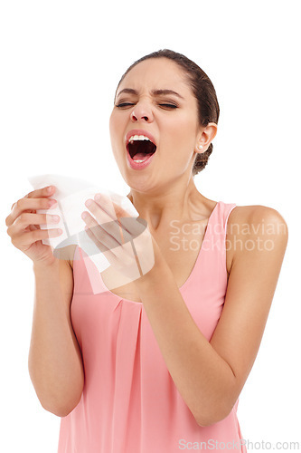 Image of Sick, sneeze and woman on a white background with allergies, sore throat and chest infection. Sickness, healthcare and isolated person with tissue for illness, pain and asthma symptoms in studio