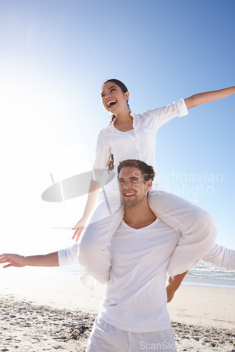 Image of Airplane, piggyback or happy couple on a beach for holiday or love with support, loyalty or outdoor freedom. Sky mockup space, romantic man or woman on vacation to relax for wellness or low angle