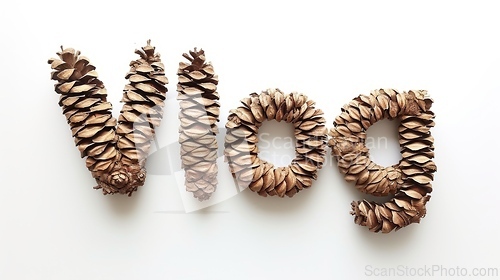 Image of The word Vlog created in Spruce Pinecone Letters.