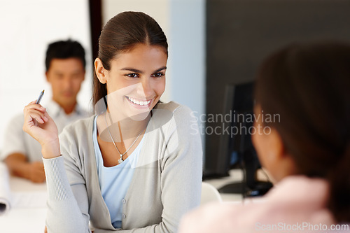 Image of Hiring, job interview and business woman with pen in office meeting for onboarding, training or questions for hr. Recruitment, discussion or female candidate with manager for deal, negotiation or faq