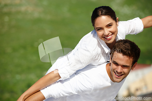 Image of Airplane, piggyback or happy couple in a park for portrait or love with support, loyalty or smile in outdoor freedom. Grass mockup space, romantic man or woman on holiday to relax for wellness or fun