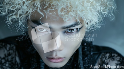 Image of Adult Chinese Man with Blond Curly Hair Goth style Illustration.