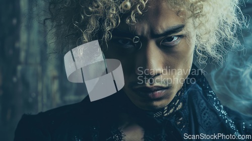 Image of Adult Chinese Man with Blond Curly Hair Goth style Illustration.