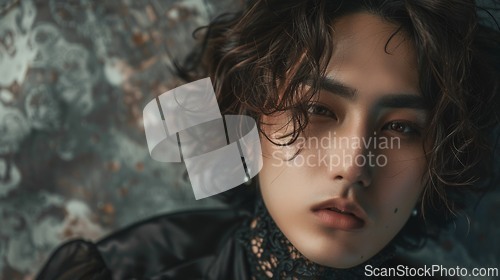 Image of Adult Chinese Man with Brown Curly Hair Goth style Illustration.