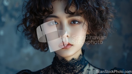 Image of Adult Chinese Woman with Brown Curly Hair Goth style Illustration.