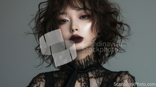 Image of Adult Chinese Woman with Brown Curly Hair Goth style Illustration.