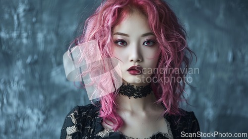 Image of Adult Chinese Woman with Pink Curly Hair Goth style Illustration.