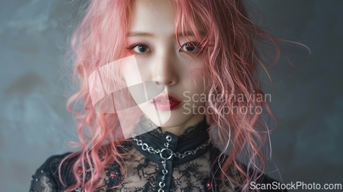 Image of Adult Chinese Woman with Pink Curly Hair Goth style Illustration.
