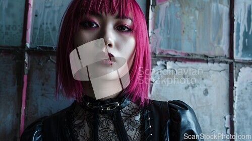 Image of Adult Chinese Woman with Pink Straight Hair Goth style Illustration.