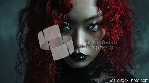 Image of Adult Chinese Woman with Red Curly Hair Goth style Illustration.