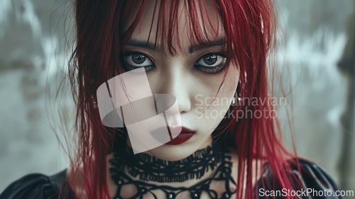 Image of Adult Chinese Woman with Red Straight Hair Goth style Illustration.