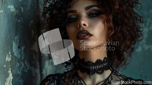 Image of Adult Black Woman with Brown Curly Hair Goth style Illustration.