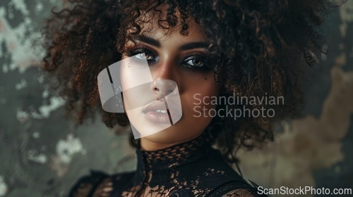 Image of Adult Black Woman with Brown Curly Hair Goth style Illustration.