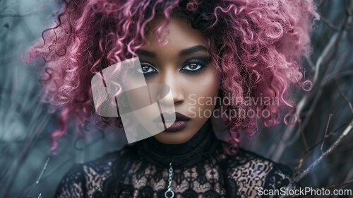 Image of Adult Black Woman with Pink Curly Hair Goth style Illustration.