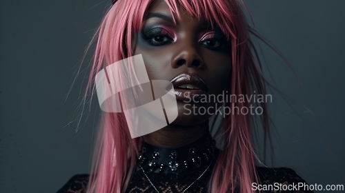 Image of Adult Black Woman with Pink Straight Hair Goth style Illustration.