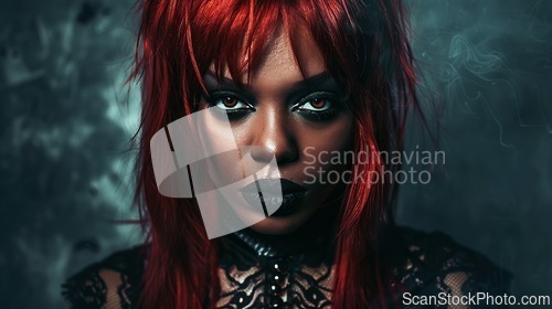 Image of Adult Black Woman with Red Straight Hair Goth style Illustration.