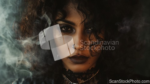 Image of Adult Indian Woman with Brown Curly Hair Goth style Illustration.