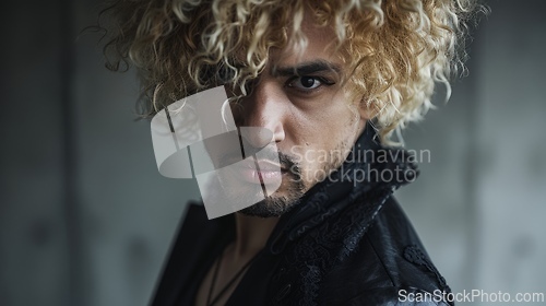 Image of Adult Latino Man with Blond Curly Hair Goth style Illustration.