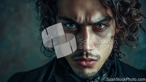 Image of Adult Latino Man with Brown Curly Hair Goth style Illustration.