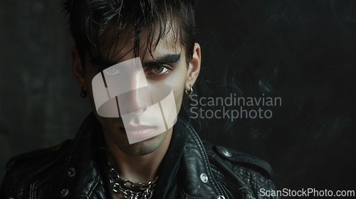 Image of Adult Latino Man with Brown Straight Hair Goth style Illustration.