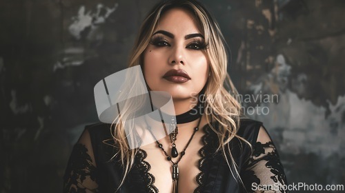 Image of Adult Latino Woman with Blond Straight Hair Goth style Illustration.