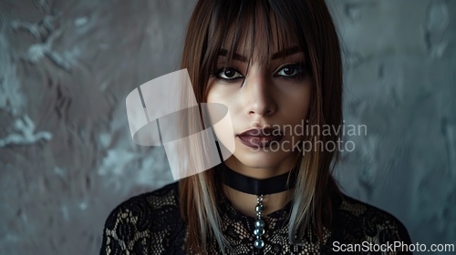 Image of Adult Latino Woman with Brown Straight Hair Goth style Illustration.