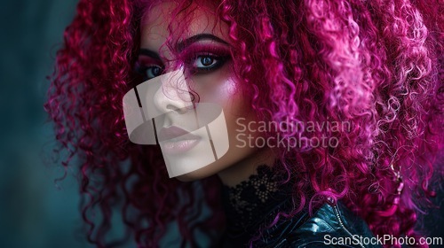 Image of Adult Latino Woman with Pink Curly Hair Goth style Illustration.
