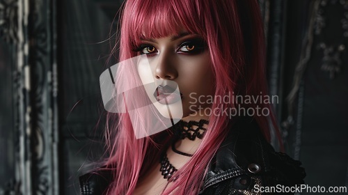 Image of Adult Latino Woman with Pink Straight Hair Goth style Illustration.