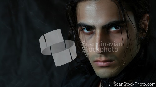 Image of Adult Persian Man with Brown Straight Hair Goth style Illustration.