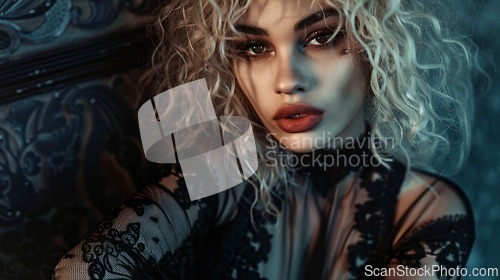 Image of Adult Persian Woman with Blond Curly Hair Goth style Illustration.