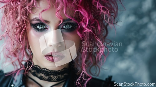 Image of Adult Persian Woman with Pink Curly Hair Goth style Illustration.
