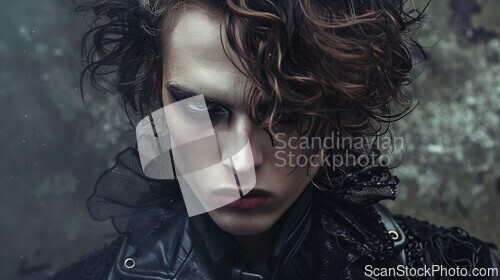 Image of Adult White Man with Brown Curly Hair Goth style Illustration.