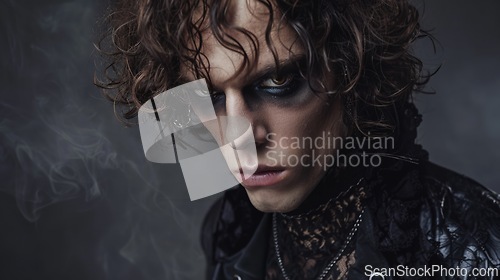 Image of Adult White Man with Brown Curly Hair Goth style Illustration.