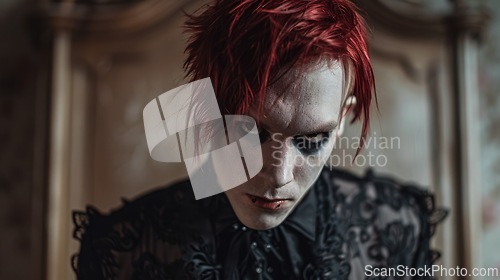 Image of Adult White Man with Red Straight Hair Goth style Illustration.