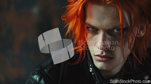Image of Adult White Man with Red Straight Hair Goth style Illustration.