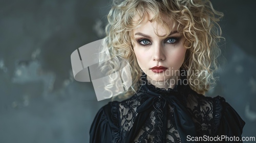 Image of Adult White Woman with Blond Curly Hair Goth style Illustration.