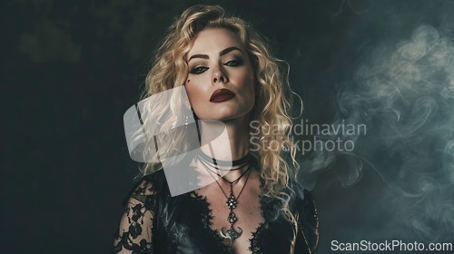 Image of Adult White Woman with Blond Curly Hair Goth style Illustration.