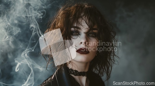 Image of Adult White Woman with Brown Curly Hair Goth style Illustration.
