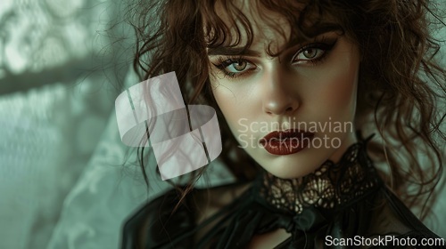 Image of Adult White Woman with Brown Curly Hair Goth style Illustration.
