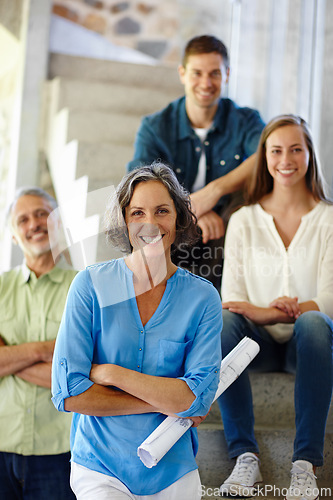 Image of Business people, smile and portrait of architect with paper for design plan, project and meeting. Mature woman, team and happy with documents for blueprint, construction and creative collaboration