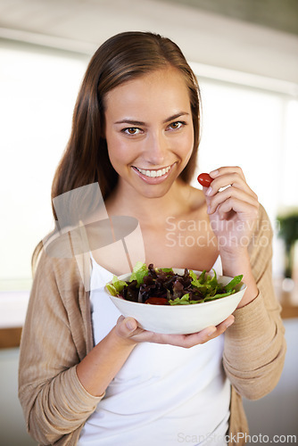 Image of Salad, portrait and happy woman in kitchen with breakfast, bowl or lettuce for balance, wellness or gut health at home. Vegetables, brunch or vegan person with superfoods for diet, nutrition or detox