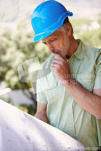 Image of Contractor, blueprint and hard hat thinking of construction safety, house plans or building shelter. Man, floor layout or designer reflecting on project schematic, architecture or illustration