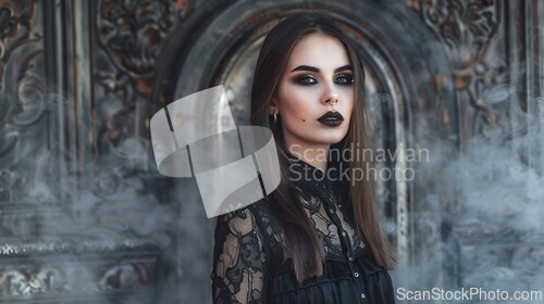 Image of Adult White Woman with Brown Straight Hair Goth style Illustration.